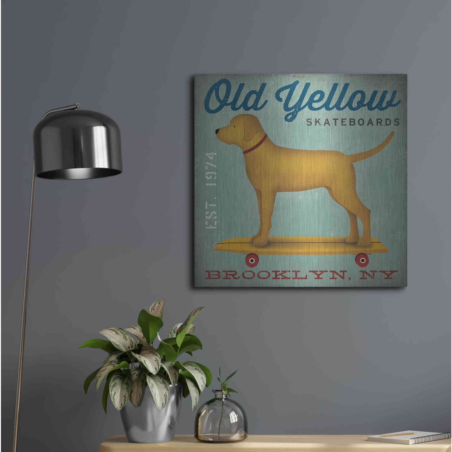 Luxe Metal Art 'Golden Dog on Skateboard' by Ryan Fowler, Metal Wall Art,24x24