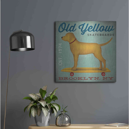 Luxe Metal Art 'Golden Dog on Skateboard' by Ryan Fowler, Metal Wall Art,24x24