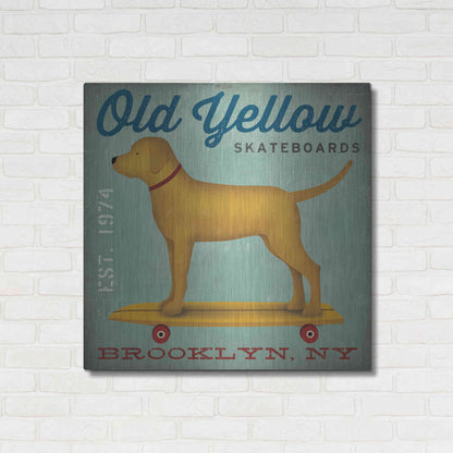 Luxe Metal Art 'Golden Dog on Skateboard' by Ryan Fowler, Metal Wall Art,36x36