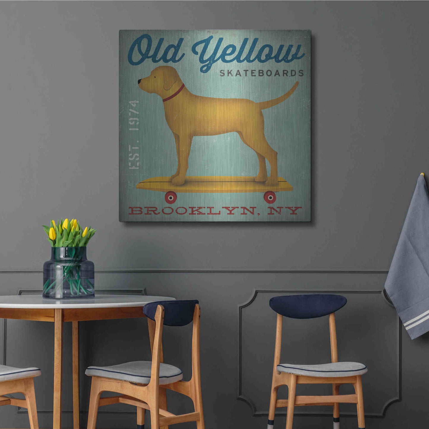 Luxe Metal Art 'Golden Dog on Skateboard' by Ryan Fowler, Metal Wall Art,36x36