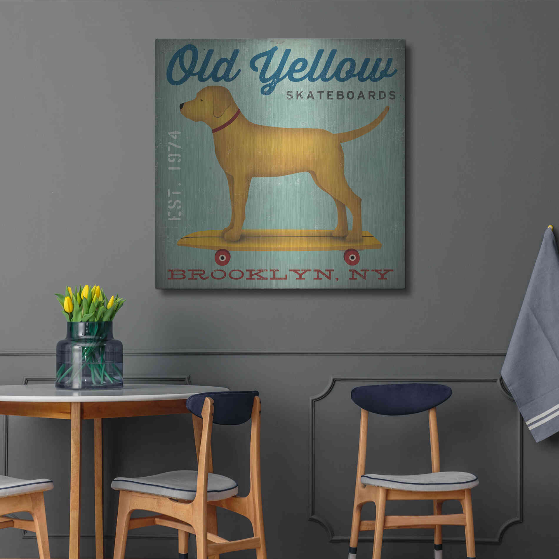 Luxe Metal Art 'Golden Dog on Skateboard' by Ryan Fowler, Metal Wall Art,36x36