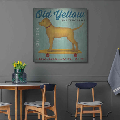 Luxe Metal Art 'Golden Dog on Skateboard' by Ryan Fowler, Metal Wall Art,36x36