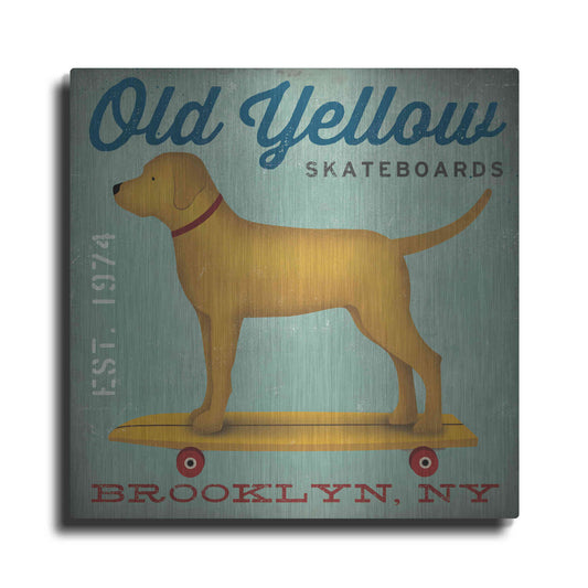 Luxe Metal Art 'Golden Dog on Skateboard' by Ryan Fowler, Metal Wall Art