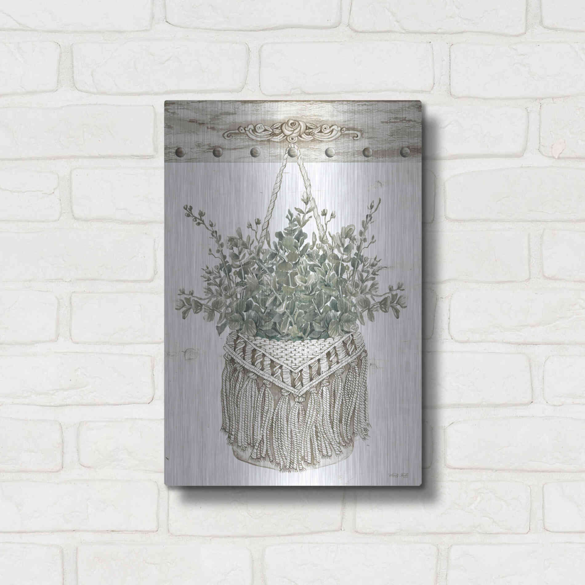 Luxe Metal Art 'Macrame Purse with Greenery I' by Cindy Jacobs, Metal Wall Art,12x16