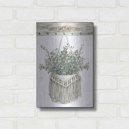 Luxe Metal Art 'Macrame Purse with Greenery I' by Cindy Jacobs, Metal Wall Art,12x16