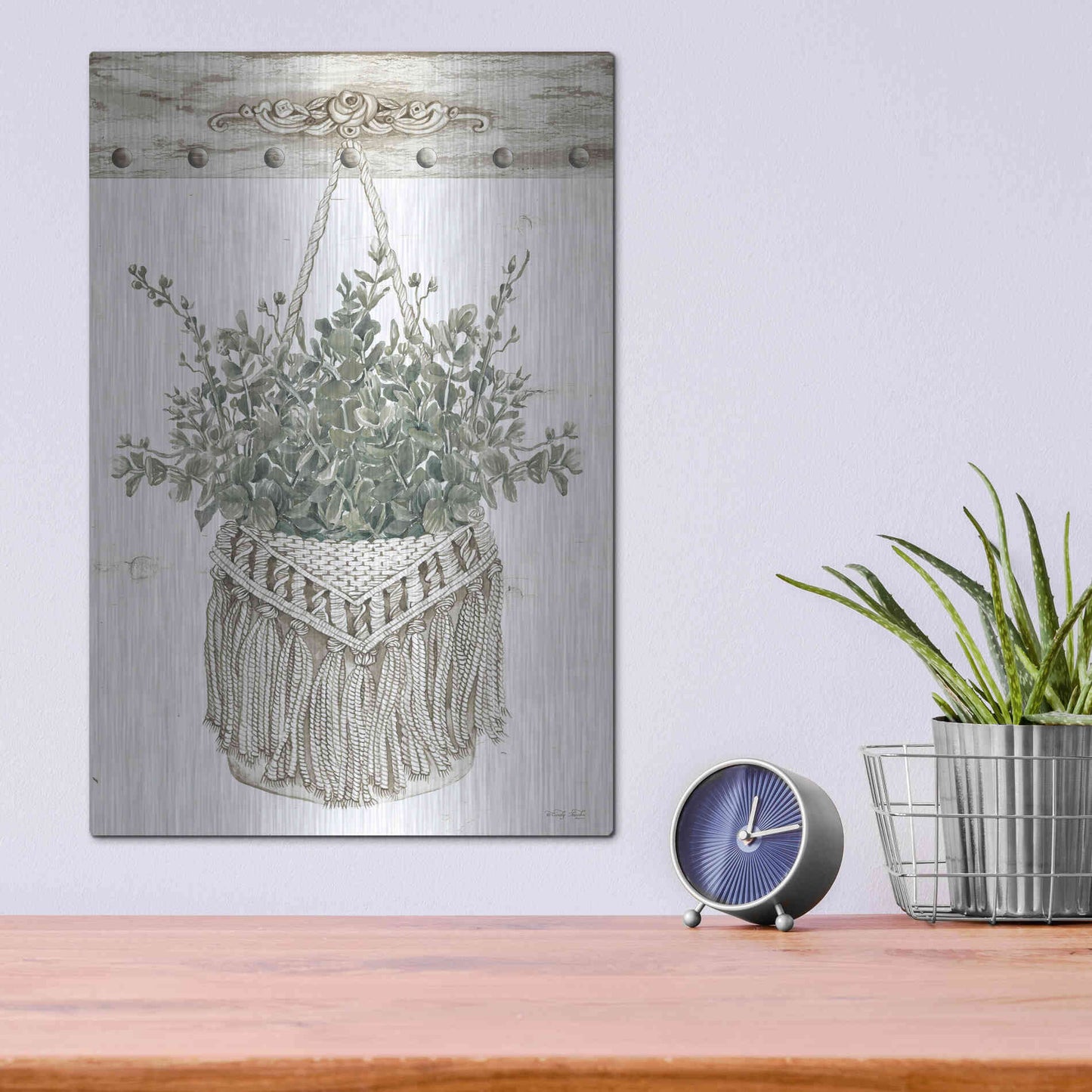 Luxe Metal Art 'Macrame Purse with Greenery I' by Cindy Jacobs, Metal Wall Art,12x16