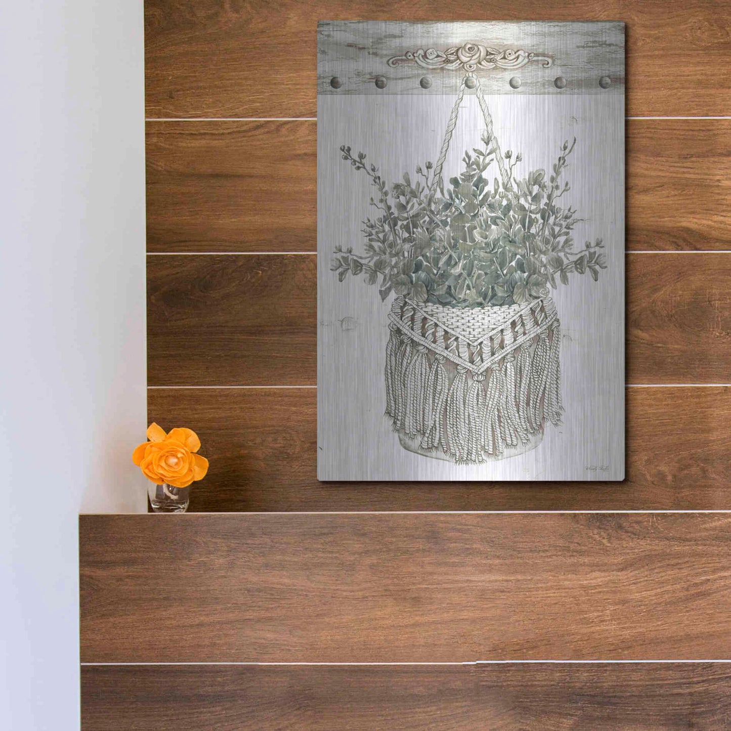 Luxe Metal Art 'Macrame Purse with Greenery I' by Cindy Jacobs, Metal Wall Art,12x16