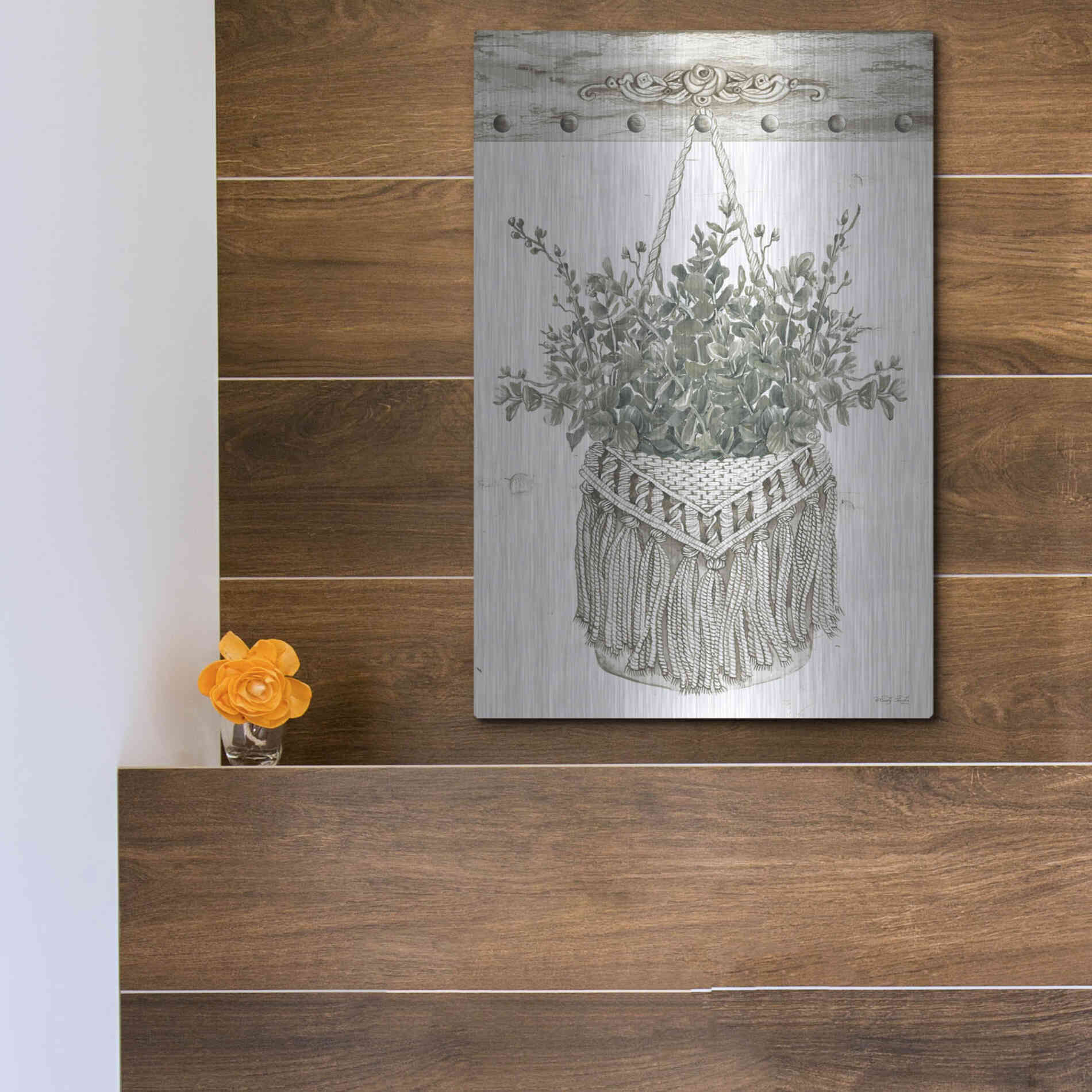 Luxe Metal Art 'Macrame Purse with Greenery I' by Cindy Jacobs, Metal Wall Art,12x16