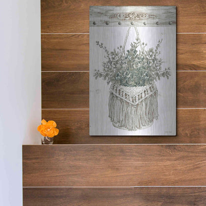Luxe Metal Art 'Macrame Purse with Greenery I' by Cindy Jacobs, Metal Wall Art,12x16