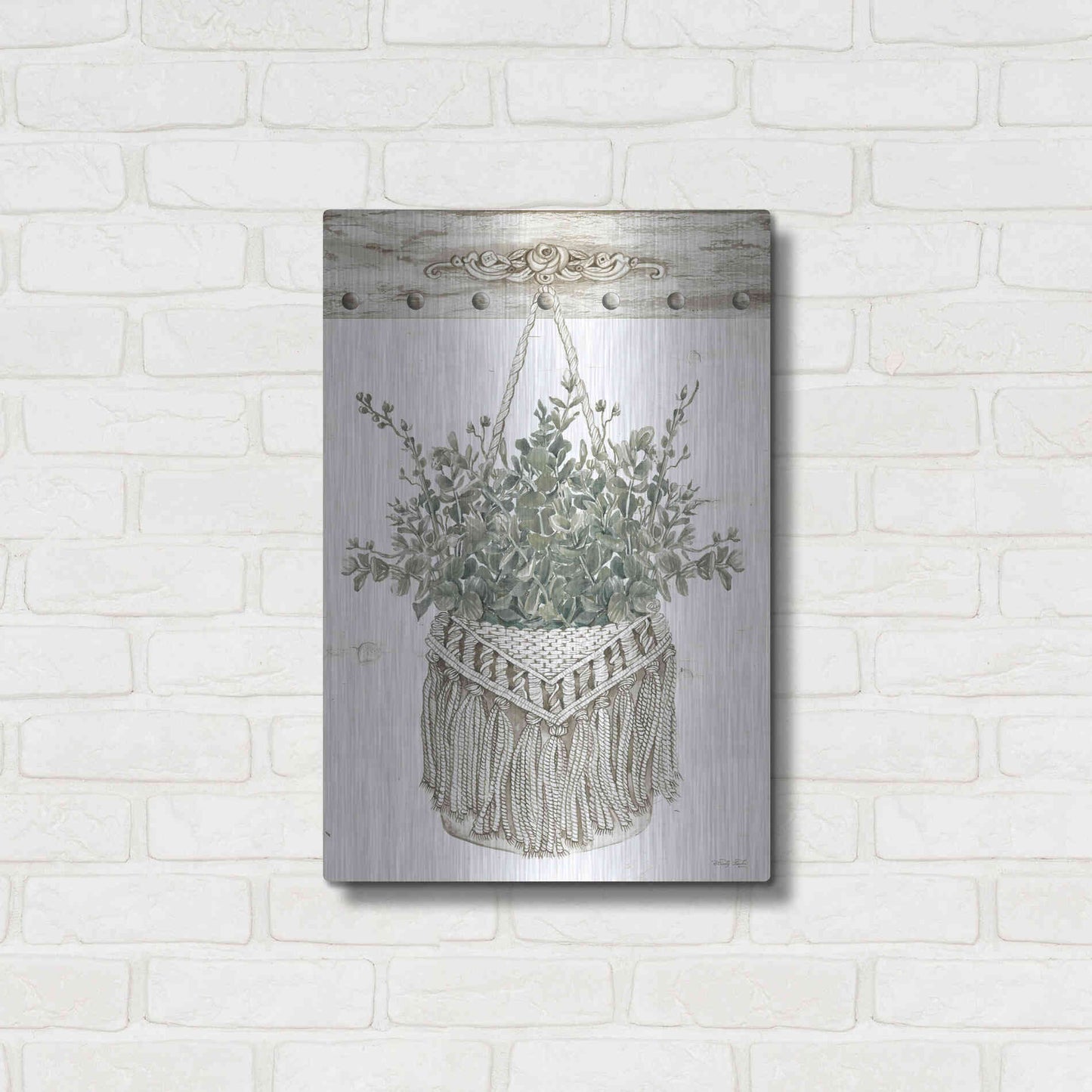 Luxe Metal Art 'Macrame Purse with Greenery I' by Cindy Jacobs, Metal Wall Art,16x24