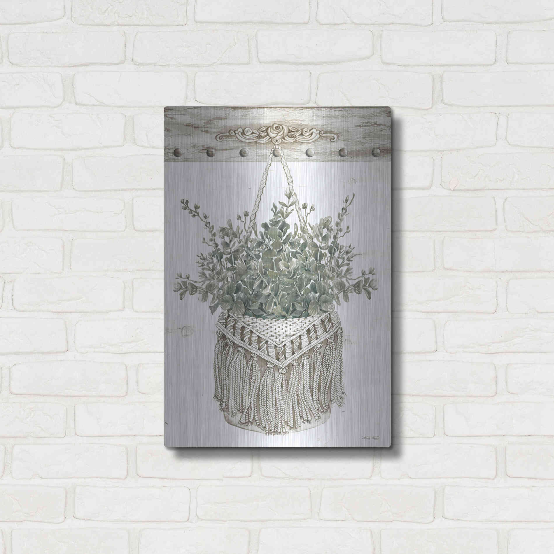 Luxe Metal Art 'Macrame Purse with Greenery I' by Cindy Jacobs, Metal Wall Art,16x24