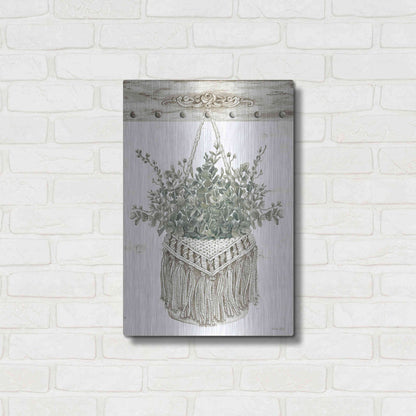 Luxe Metal Art 'Macrame Purse with Greenery I' by Cindy Jacobs, Metal Wall Art,16x24