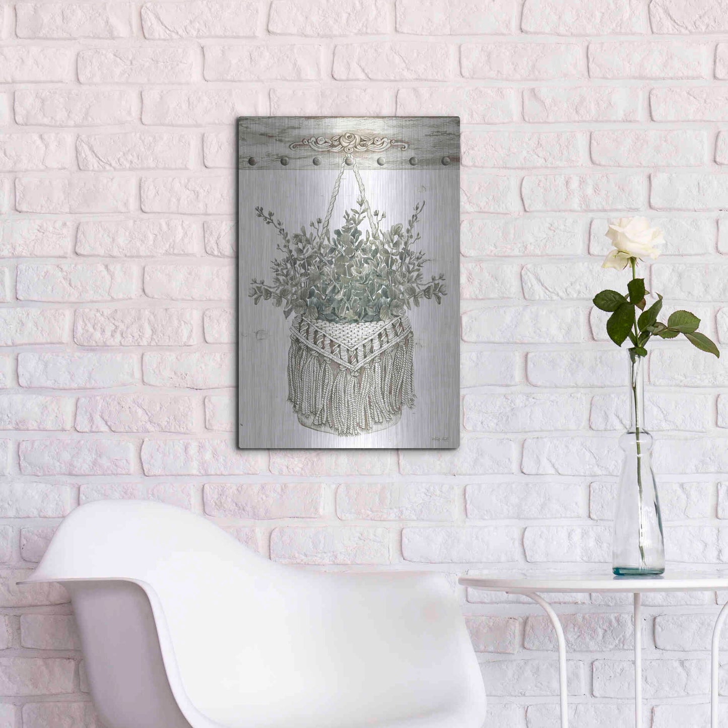 Luxe Metal Art 'Macrame Purse with Greenery I' by Cindy Jacobs, Metal Wall Art,16x24