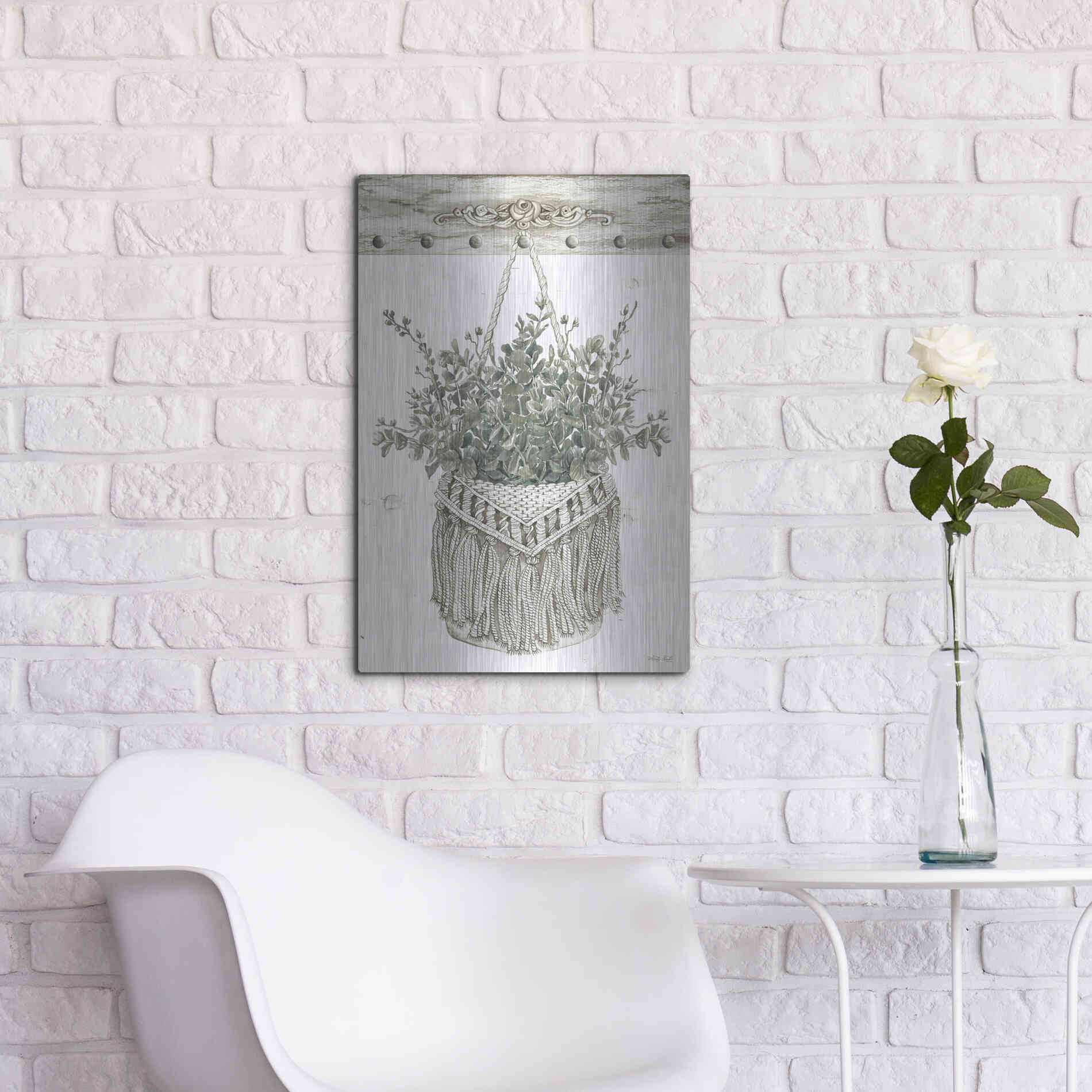 Luxe Metal Art 'Macrame Purse with Greenery I' by Cindy Jacobs, Metal Wall Art,16x24