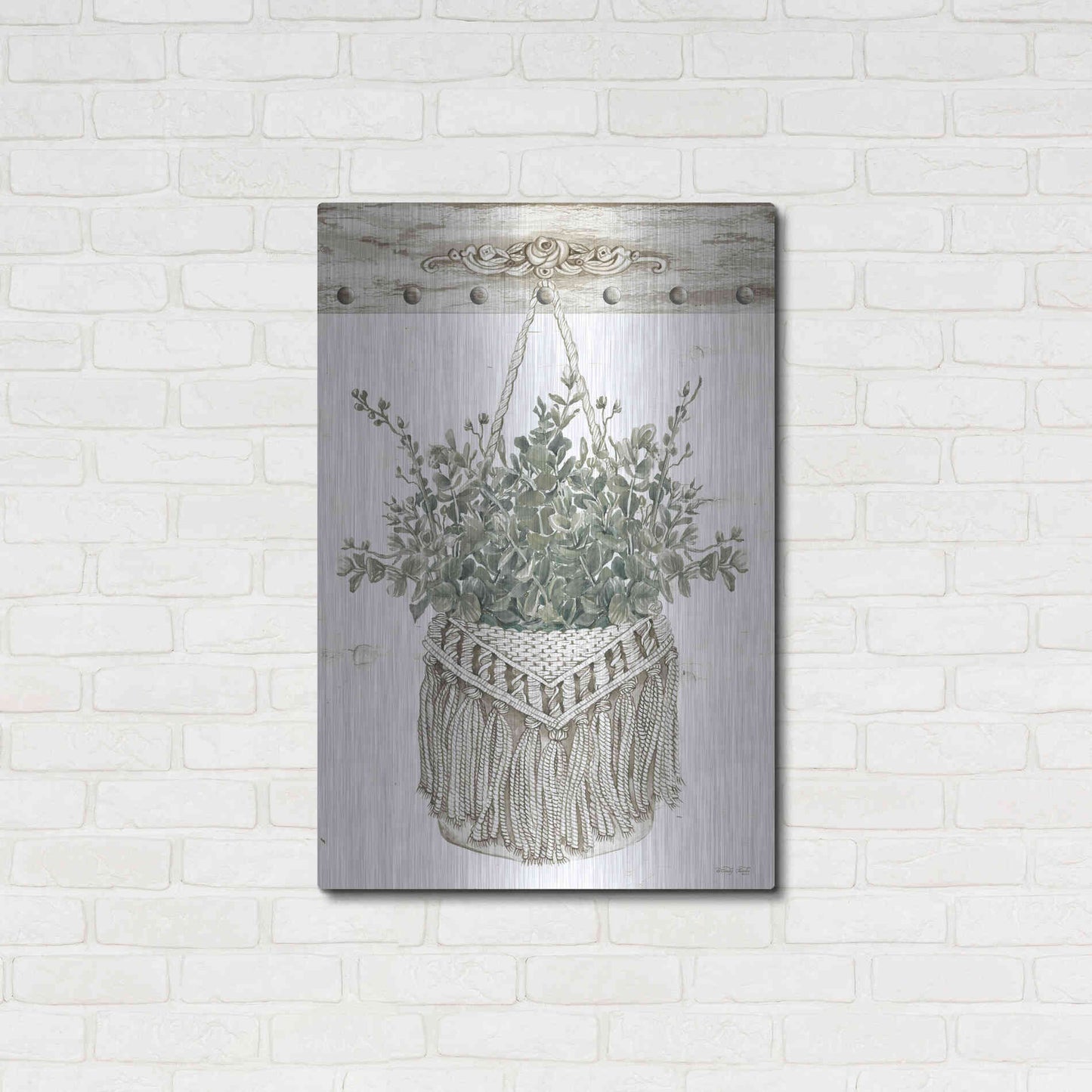 Luxe Metal Art 'Macrame Purse with Greenery I' by Cindy Jacobs, Metal Wall Art,24x36