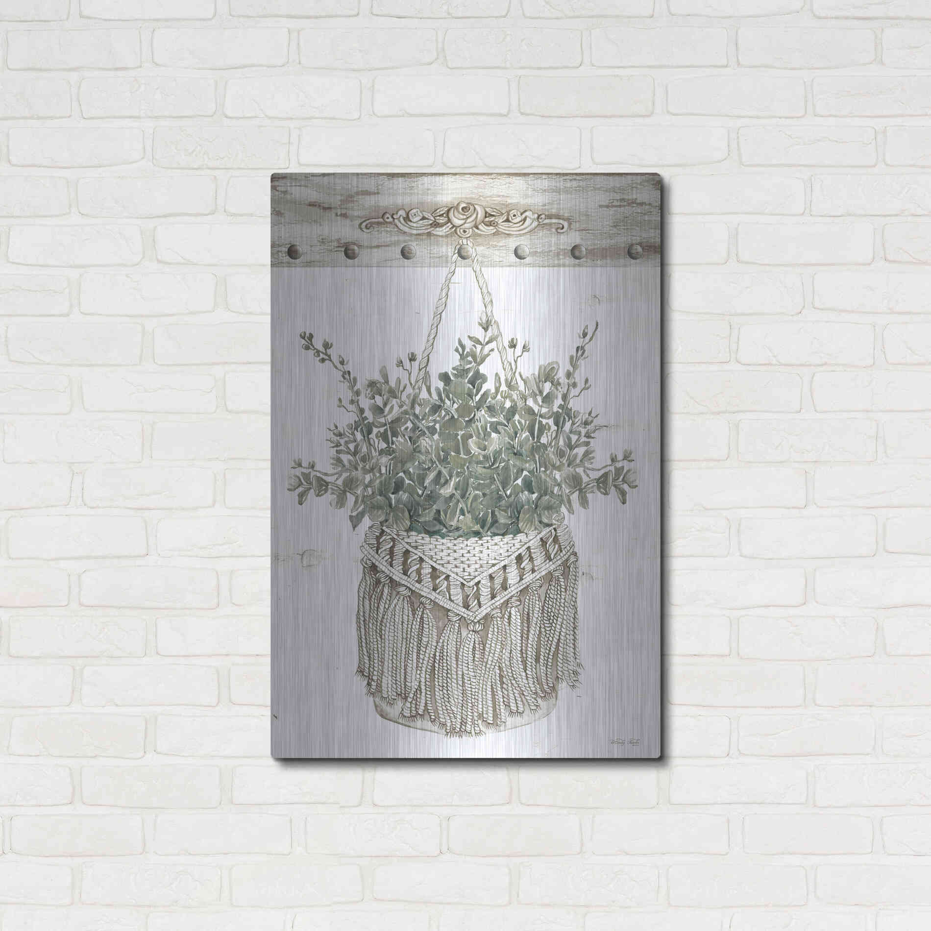 Luxe Metal Art 'Macrame Purse with Greenery I' by Cindy Jacobs, Metal Wall Art,24x36