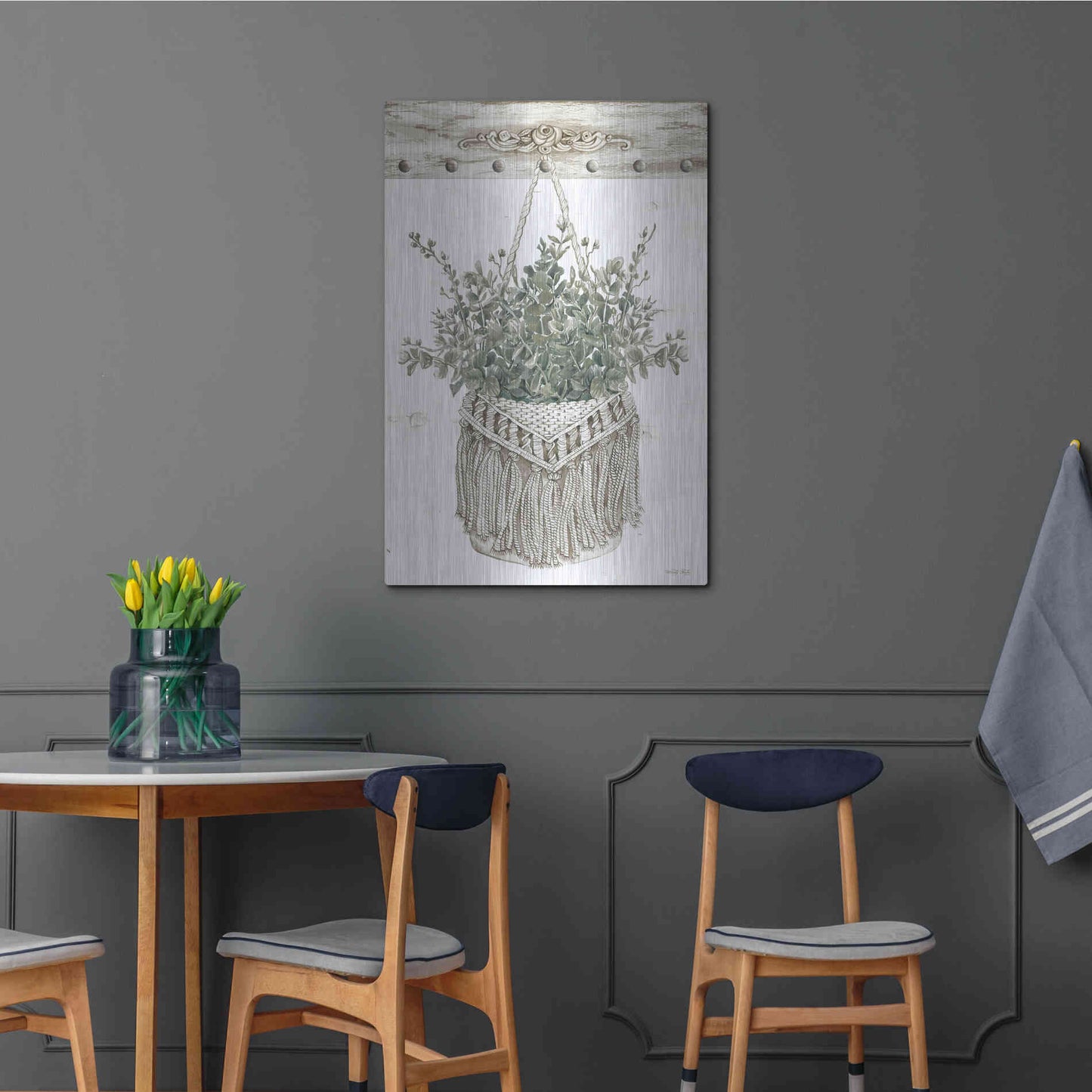 Luxe Metal Art 'Macrame Purse with Greenery I' by Cindy Jacobs, Metal Wall Art,24x36
