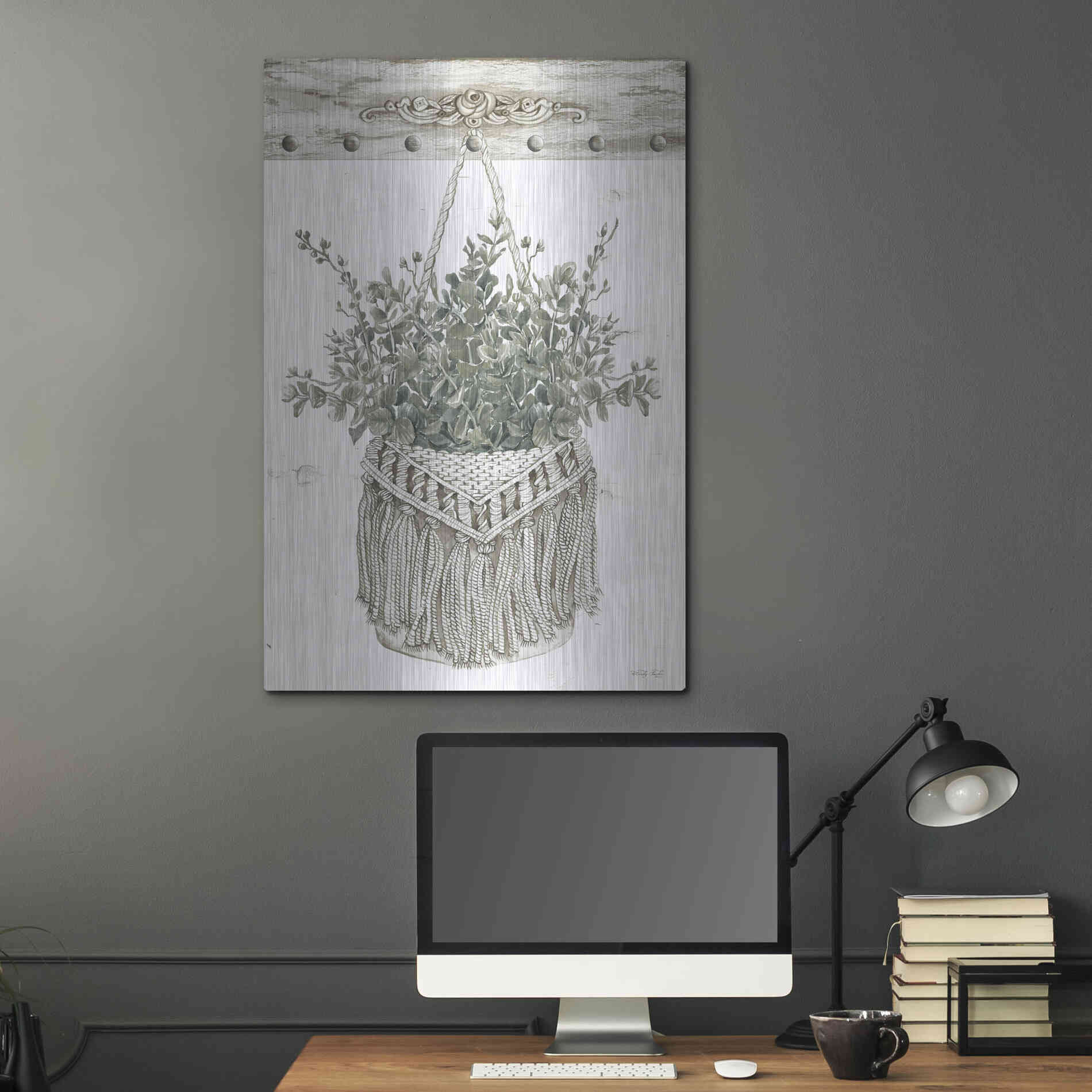 Luxe Metal Art 'Macrame Purse with Greenery I' by Cindy Jacobs, Metal Wall Art,24x36