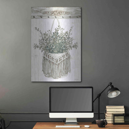 Luxe Metal Art 'Macrame Purse with Greenery I' by Cindy Jacobs, Metal Wall Art,24x36