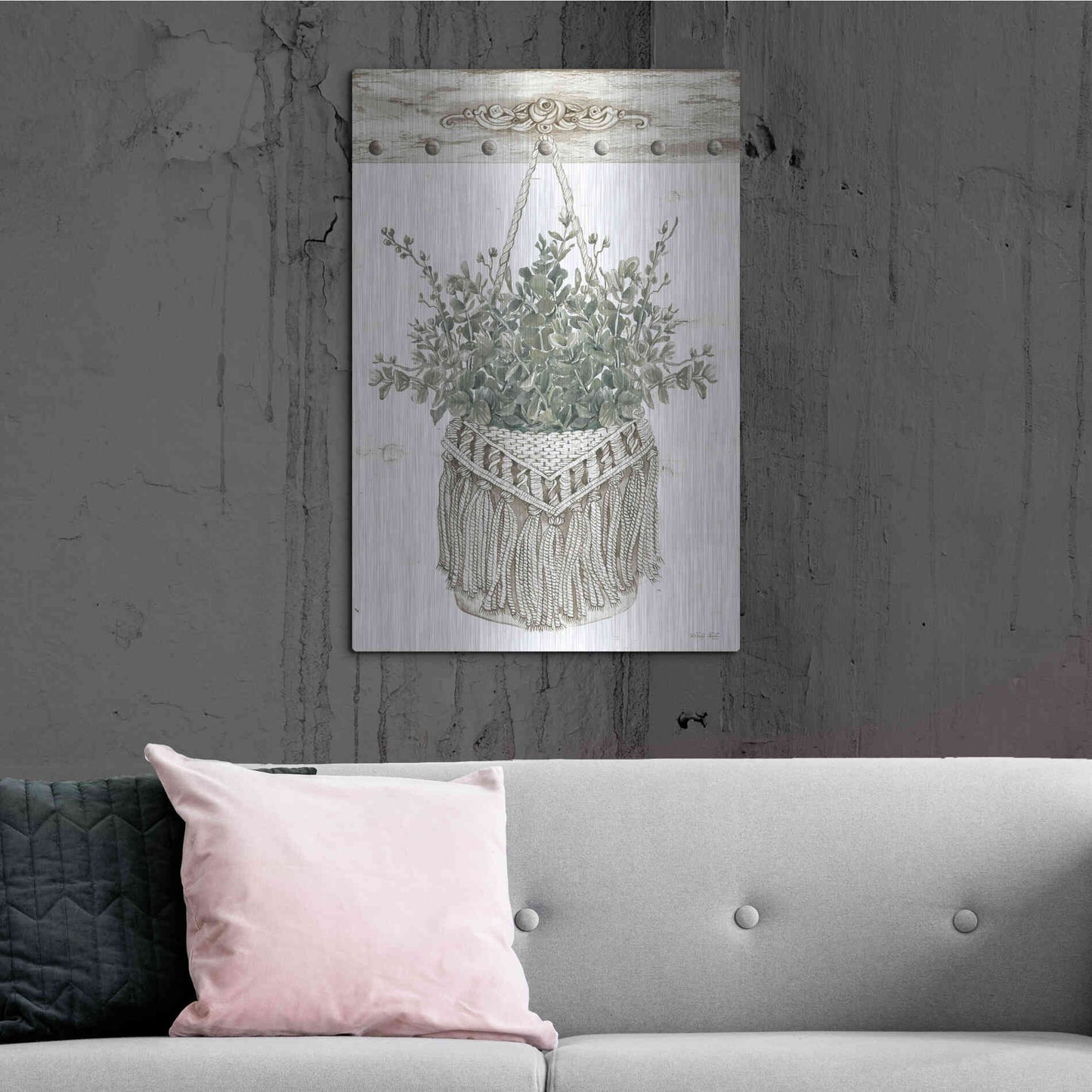 Luxe Metal Art 'Macrame Purse with Greenery I' by Cindy Jacobs, Metal Wall Art,24x36