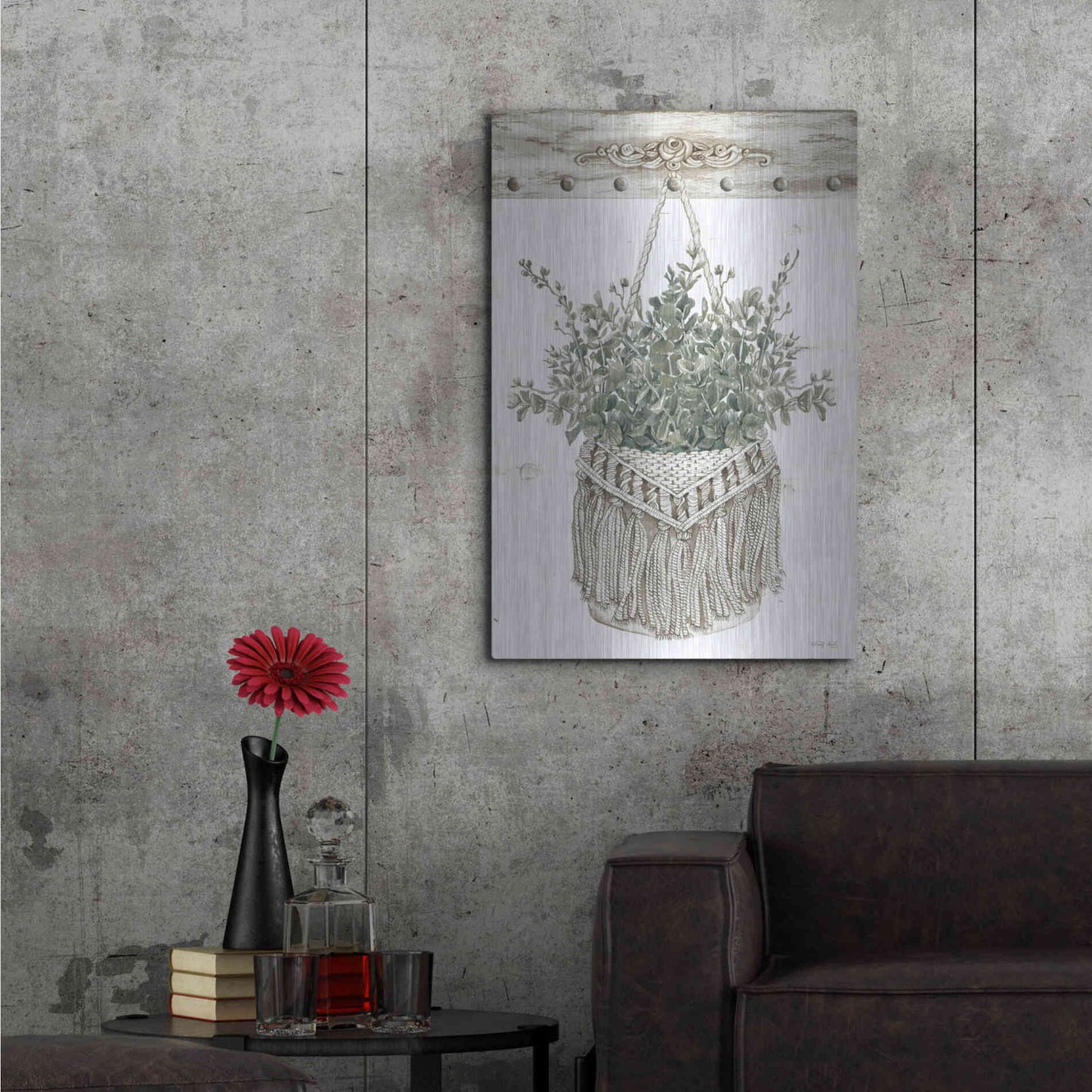 Luxe Metal Art 'Macrame Purse with Greenery I' by Cindy Jacobs, Metal Wall Art,24x36