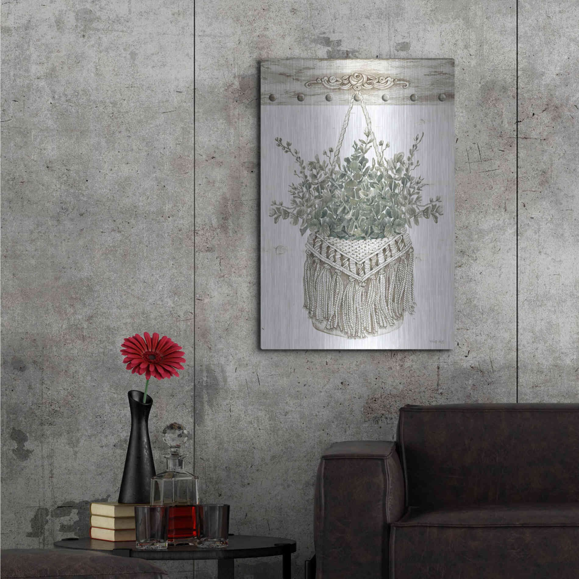 Luxe Metal Art 'Macrame Purse with Greenery I' by Cindy Jacobs, Metal Wall Art,24x36