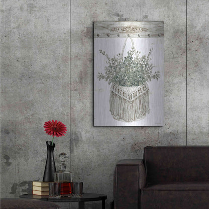 Luxe Metal Art 'Macrame Purse with Greenery I' by Cindy Jacobs, Metal Wall Art,24x36