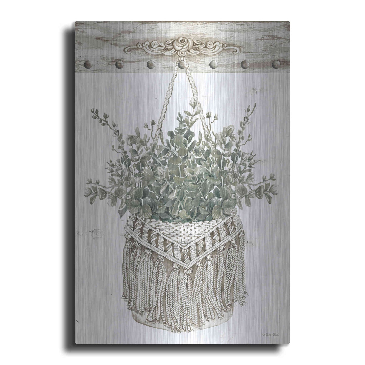 Luxe Metal Art 'Macrame Purse with Greenery I' by Cindy Jacobs, Metal Wall Art