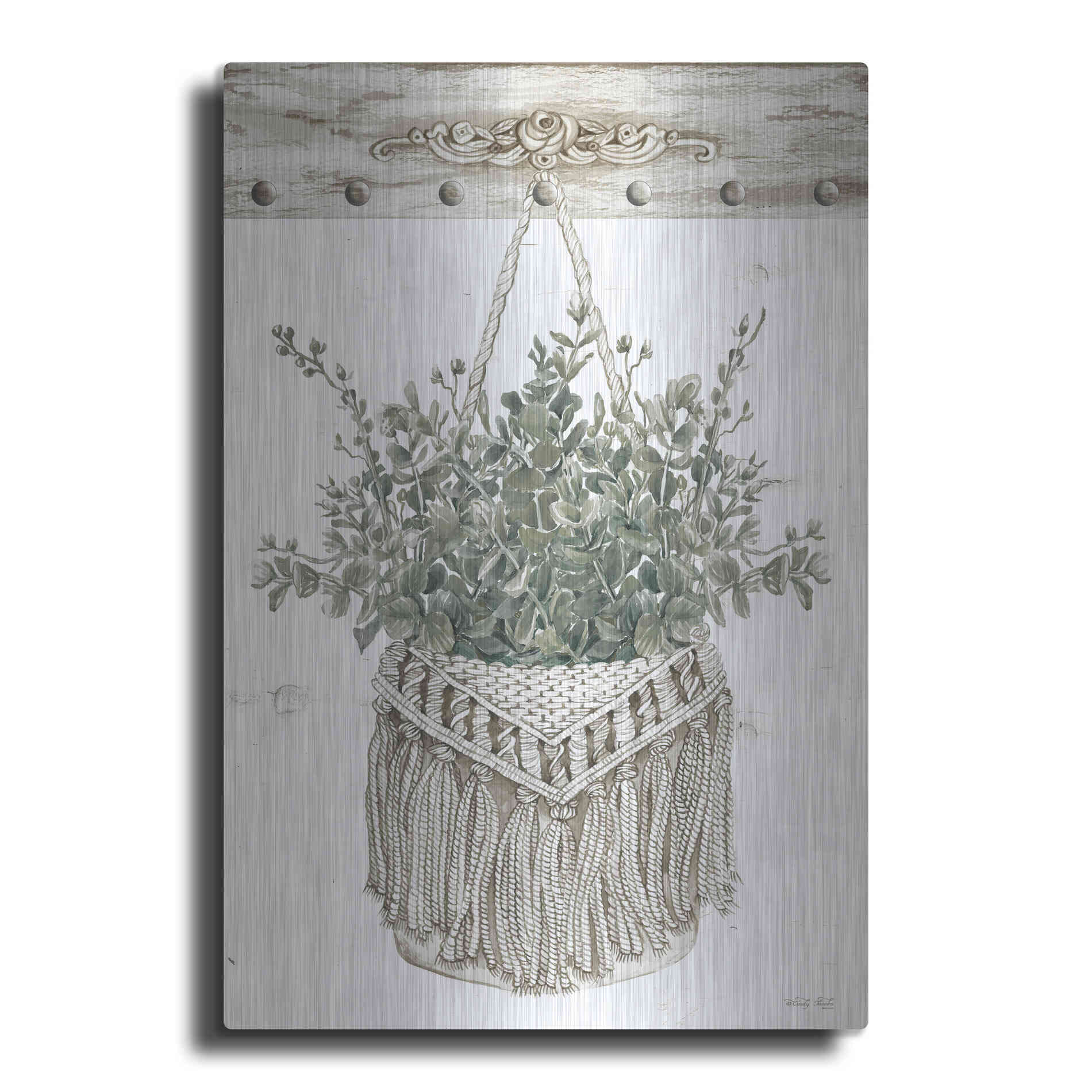 Luxe Metal Art 'Macrame Purse with Greenery I' by Cindy Jacobs, Metal Wall Art