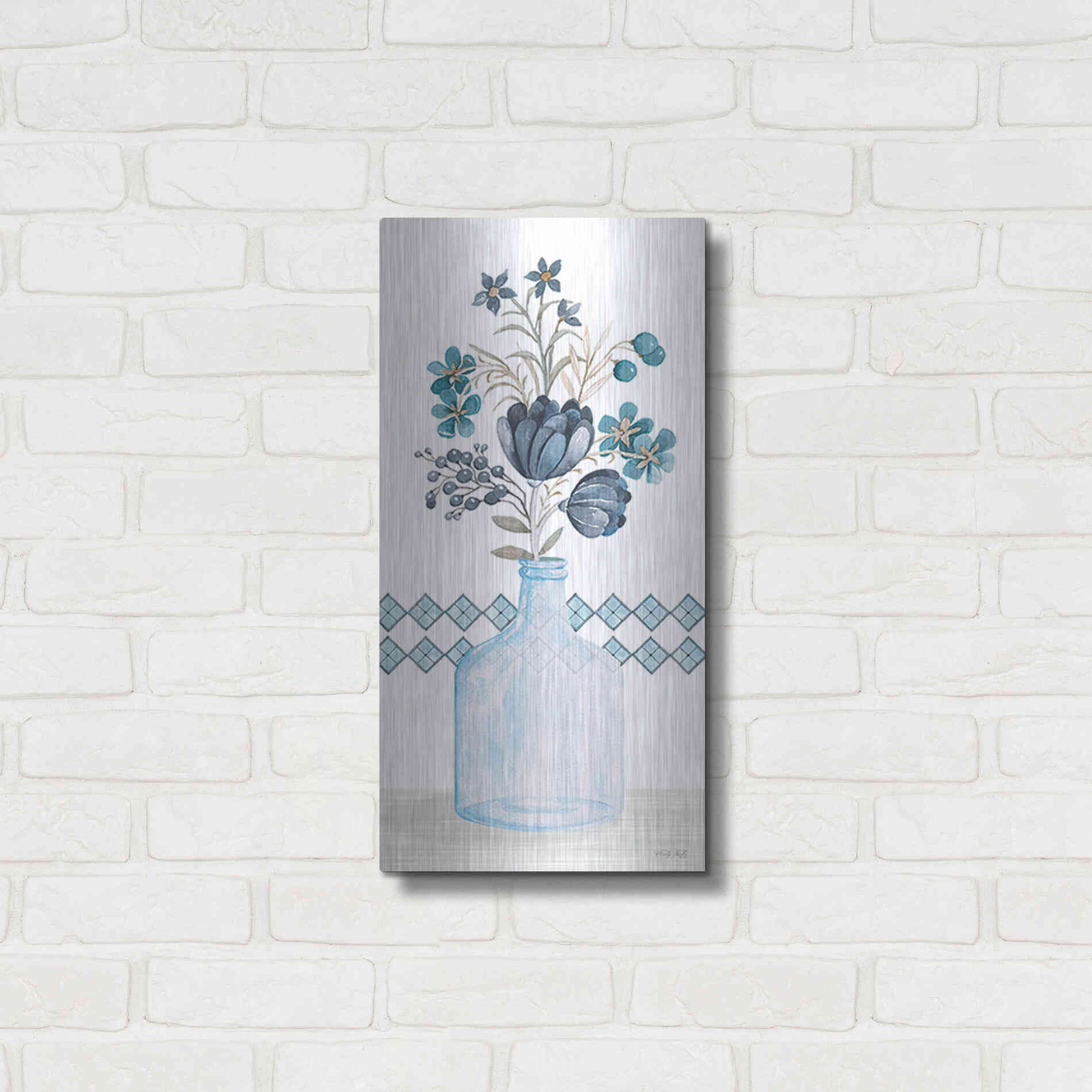 Luxe Metal Art 'Blue Mums' by Cindy Jacobs, Metal Wall Art,12x24