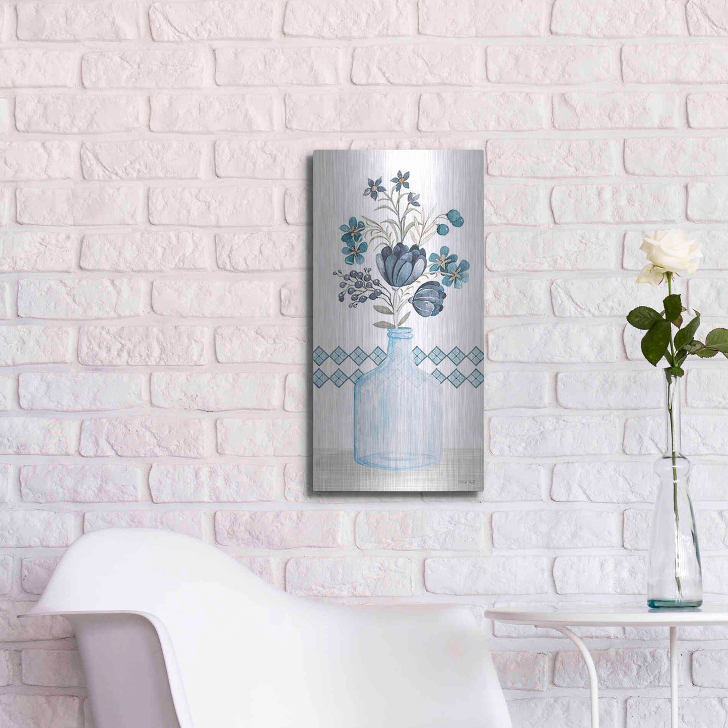 Luxe Metal Art 'Blue Mums' by Cindy Jacobs, Metal Wall Art,12x24