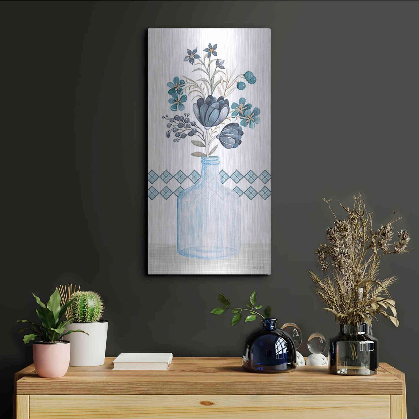Luxe Metal Art 'Blue Mums' by Cindy Jacobs, Metal Wall Art,12x24
