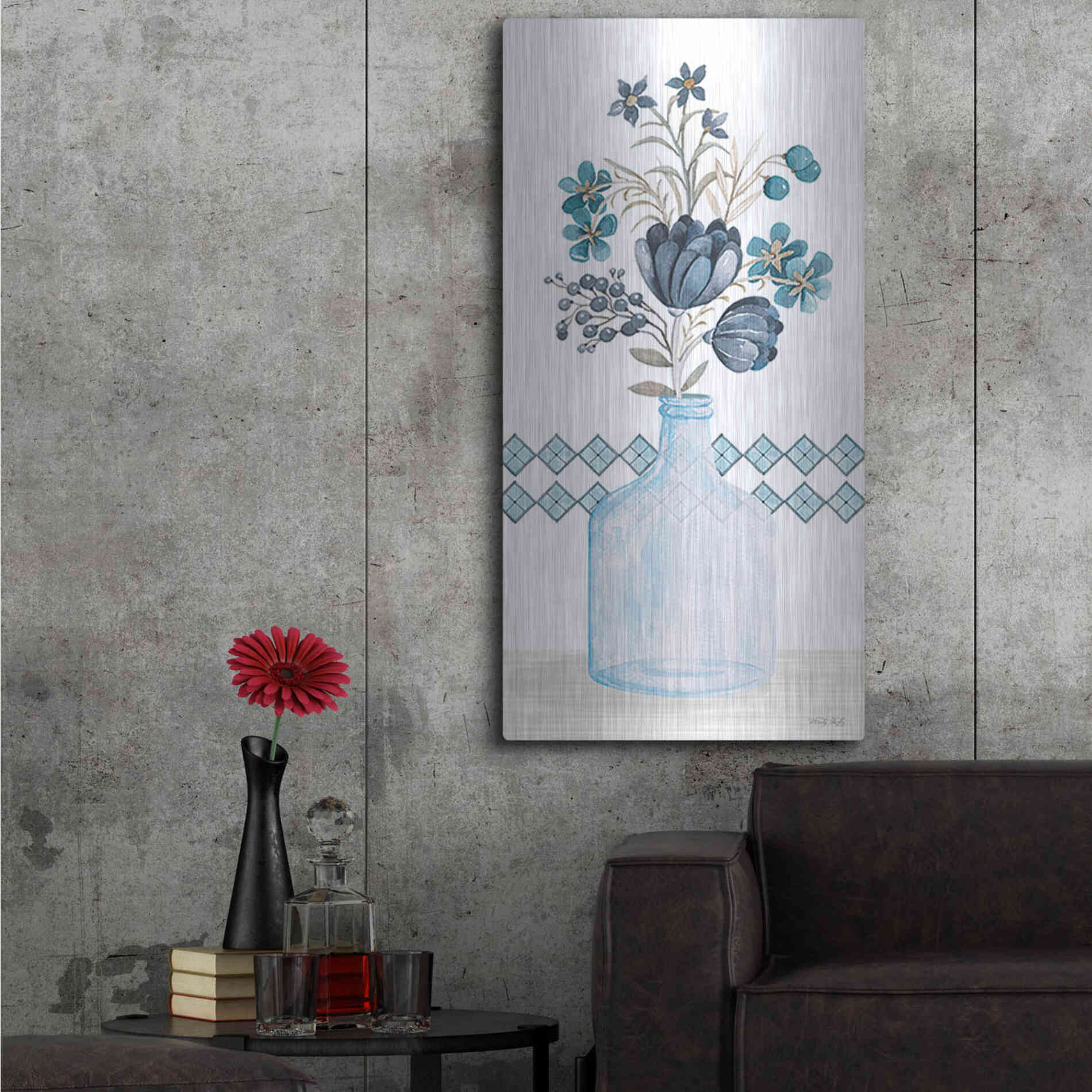 Luxe Metal Art 'Blue Mums' by Cindy Jacobs, Metal Wall Art,24x48