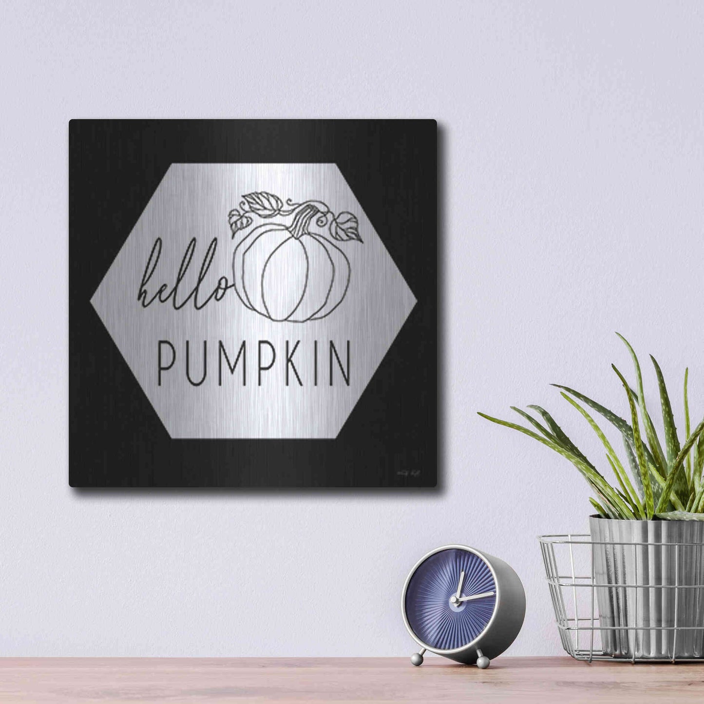 Luxe Metal Art 'Hello Pumpkin Hexagon' by Cindy Jacobs, Metal Wall Art,12x12