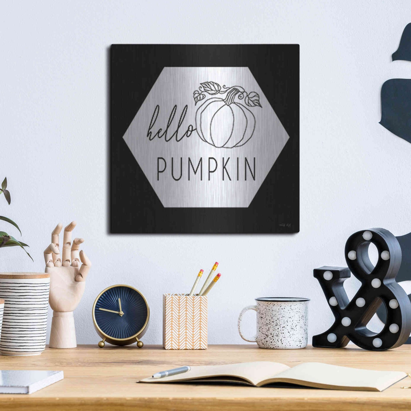 Luxe Metal Art 'Hello Pumpkin Hexagon' by Cindy Jacobs, Metal Wall Art,12x12