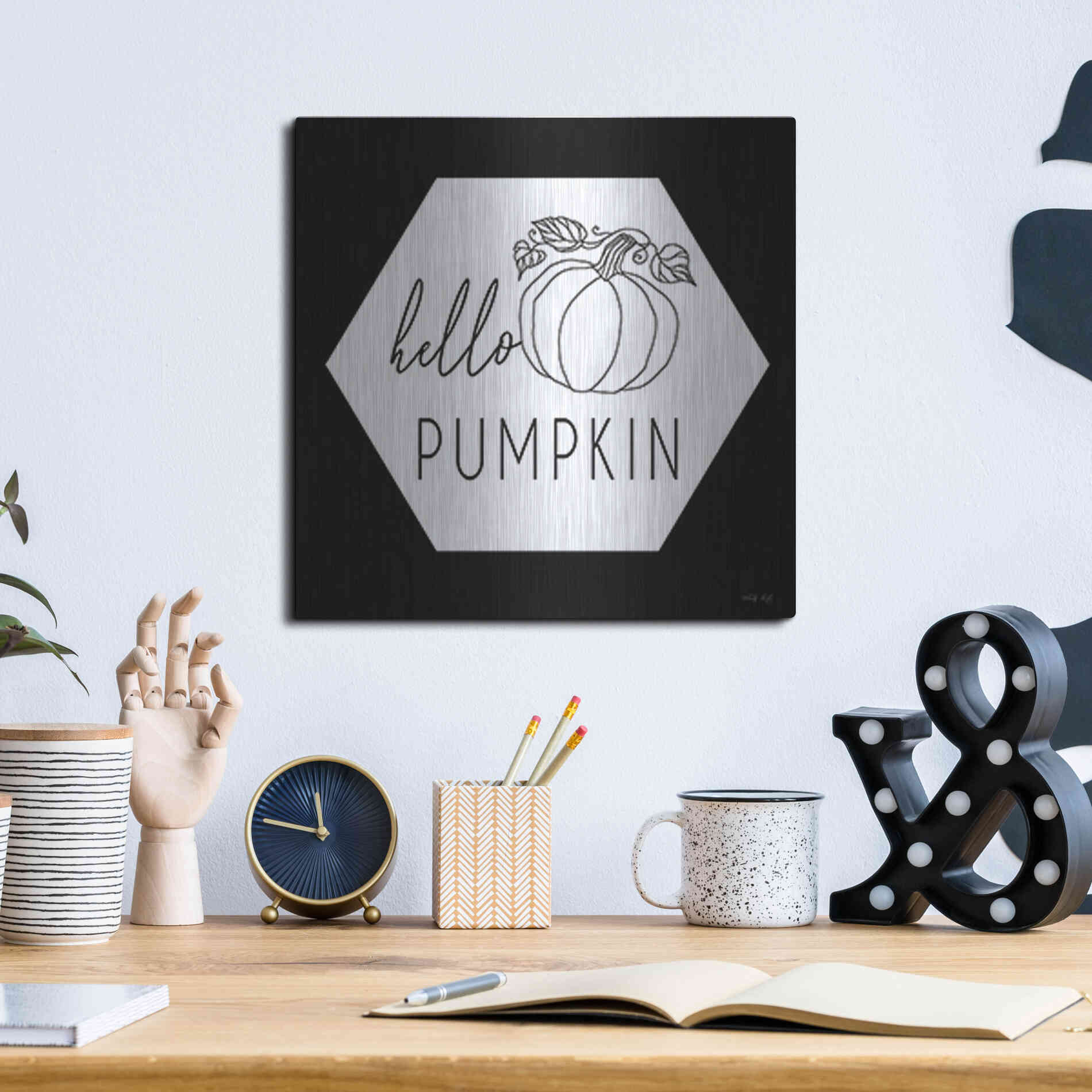 Luxe Metal Art 'Hello Pumpkin Hexagon' by Cindy Jacobs, Metal Wall Art,12x12