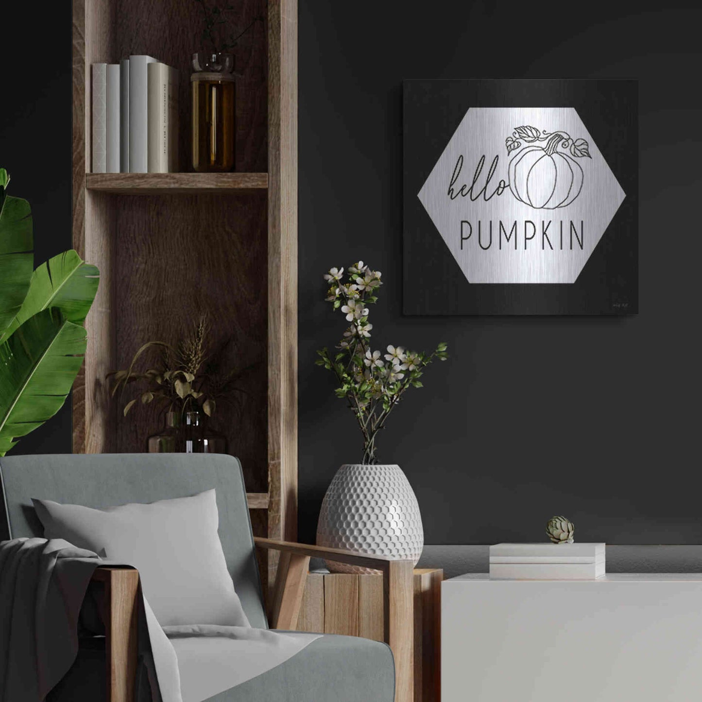 Luxe Metal Art 'Hello Pumpkin Hexagon' by Cindy Jacobs, Metal Wall Art,24x24