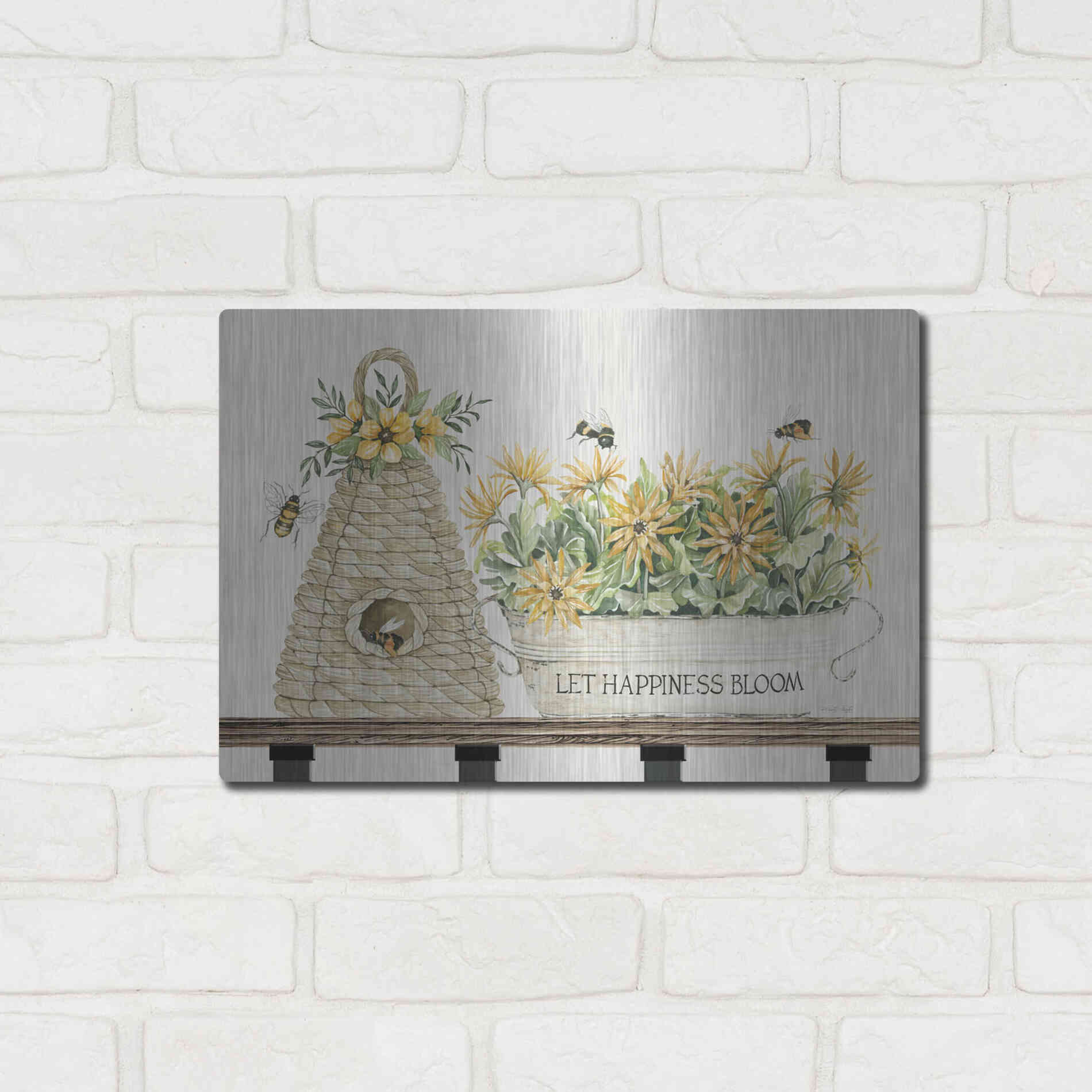 Luxe Metal Art 'Let Happiness Bloom Bee Hive' by Cindy Jacobs, Metal Wall Art,16x12