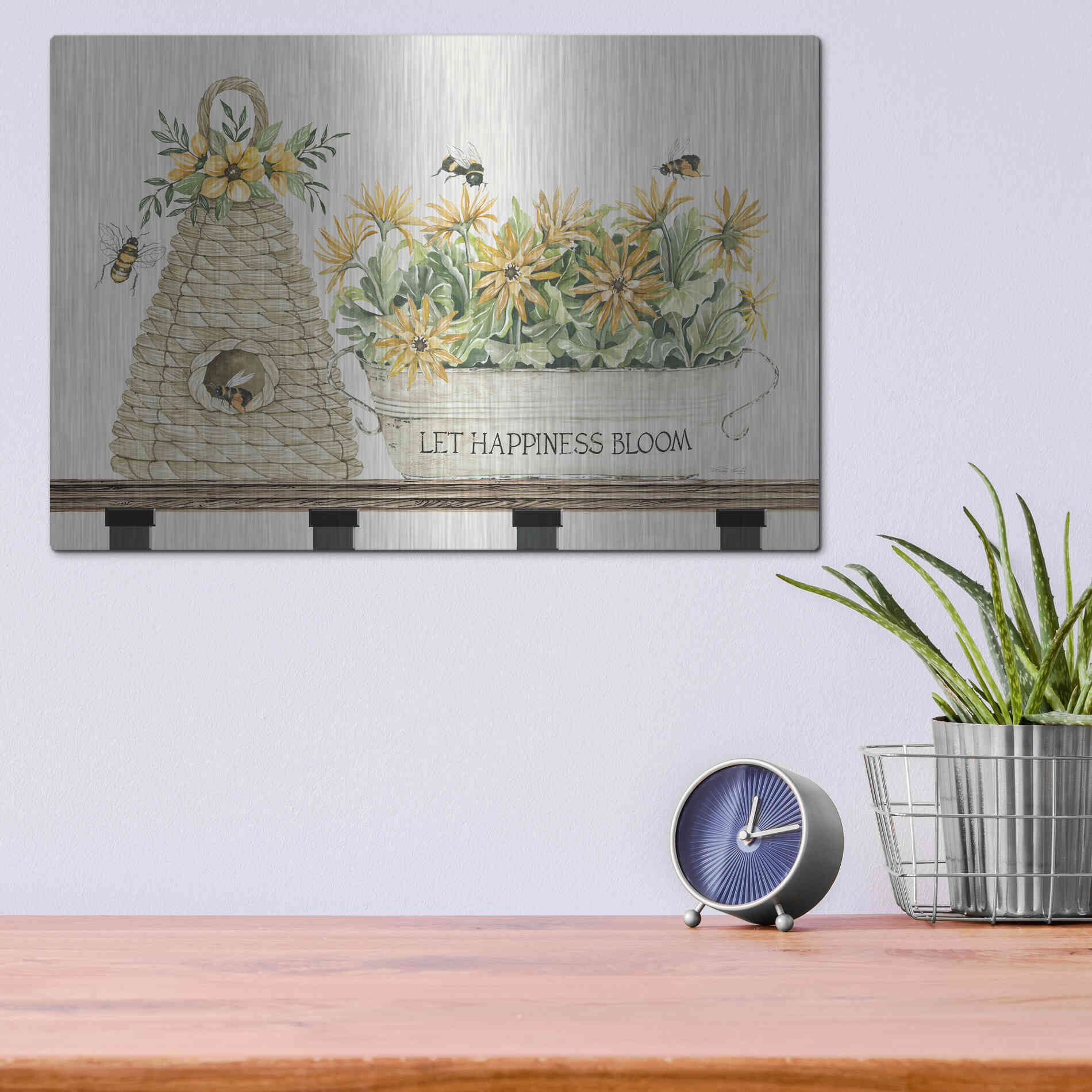 Luxe Metal Art 'Let Happiness Bloom Bee Hive' by Cindy Jacobs, Metal Wall Art,16x12