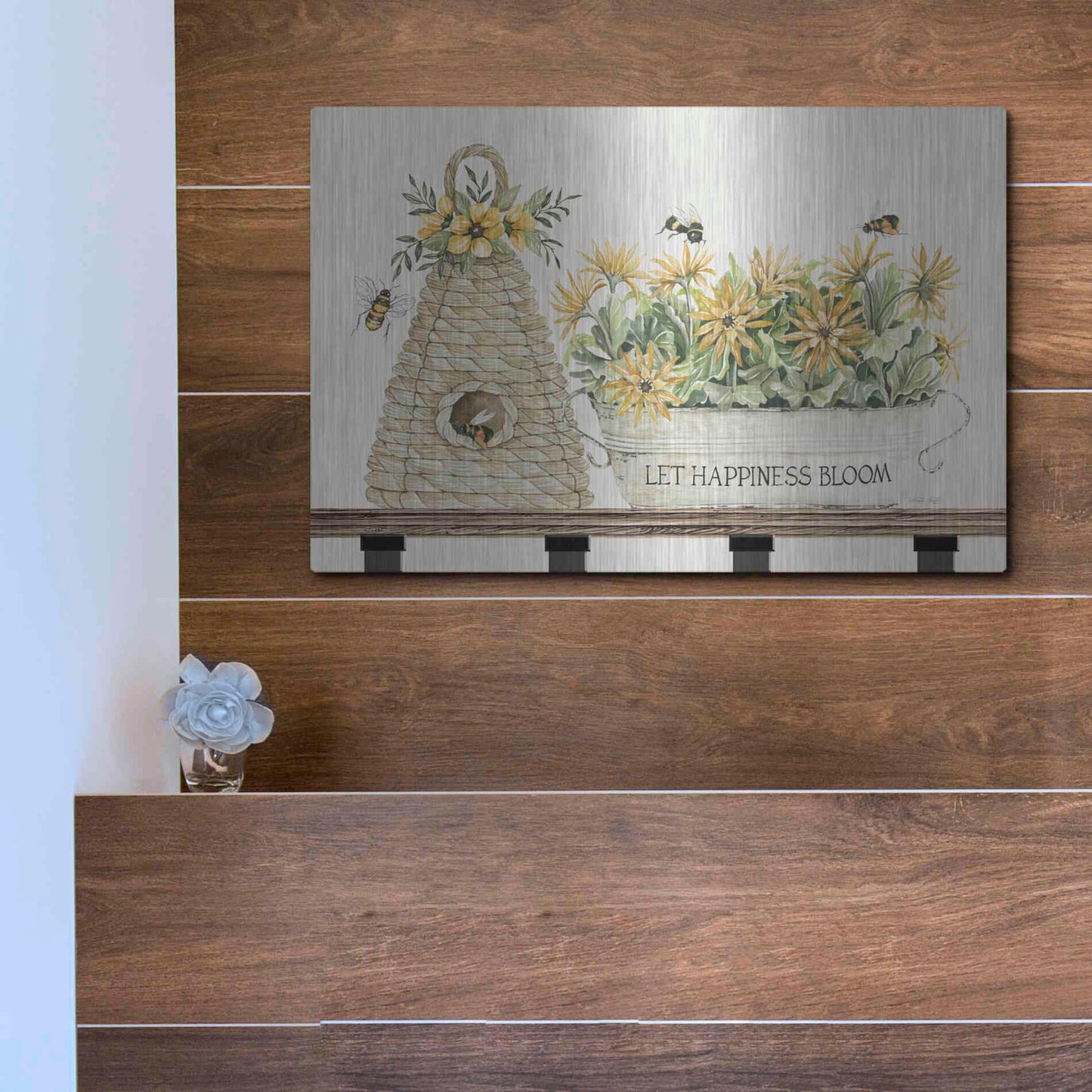 Luxe Metal Art 'Let Happiness Bloom Bee Hive' by Cindy Jacobs, Metal Wall Art,16x12