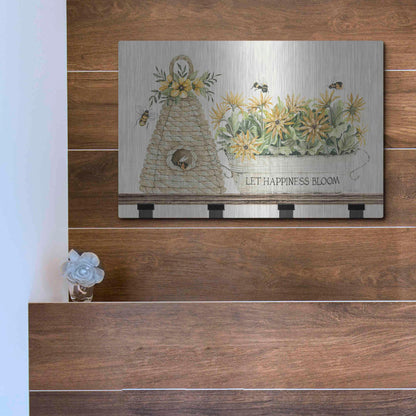 Luxe Metal Art 'Let Happiness Bloom Bee Hive' by Cindy Jacobs, Metal Wall Art,16x12