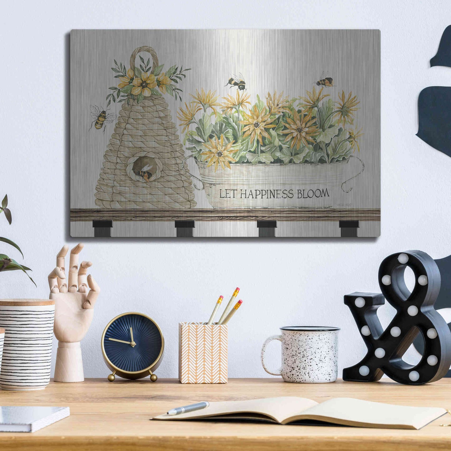Luxe Metal Art 'Let Happiness Bloom Bee Hive' by Cindy Jacobs, Metal Wall Art,16x12