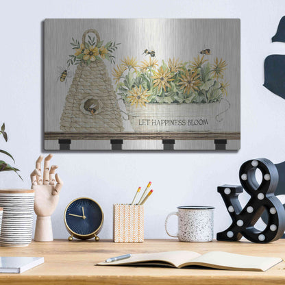 Luxe Metal Art 'Let Happiness Bloom Bee Hive' by Cindy Jacobs, Metal Wall Art,16x12