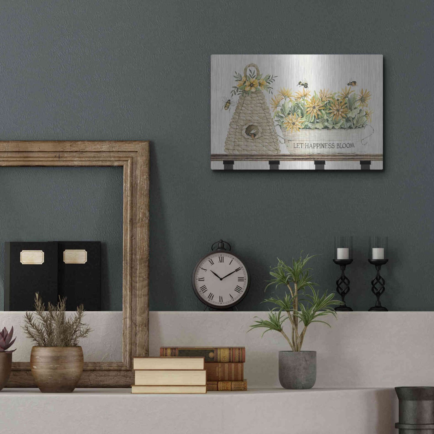 Luxe Metal Art 'Let Happiness Bloom Bee Hive' by Cindy Jacobs, Metal Wall Art,16x12