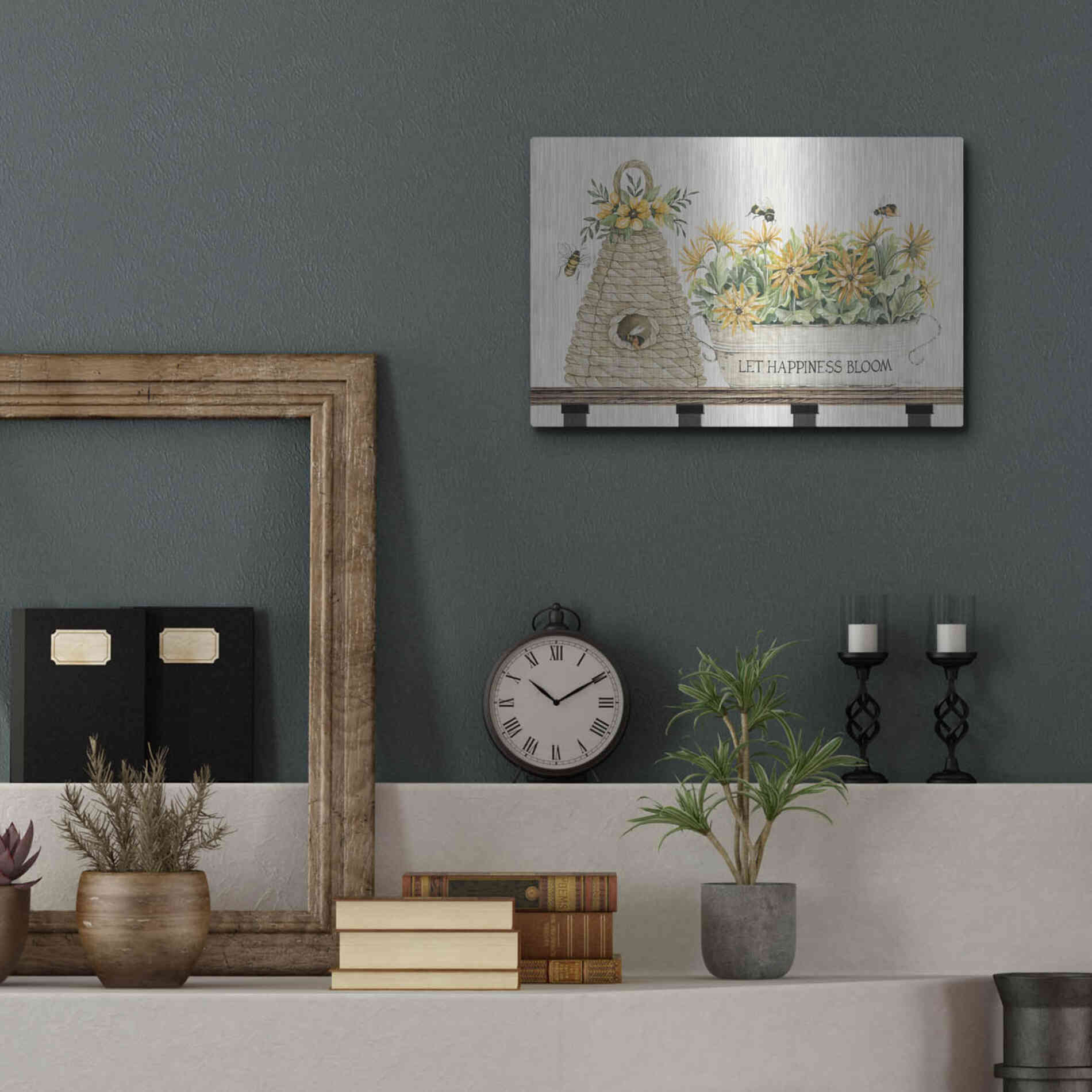 Luxe Metal Art 'Let Happiness Bloom Bee Hive' by Cindy Jacobs, Metal Wall Art,16x12