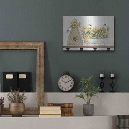 Luxe Metal Art 'Let Happiness Bloom Bee Hive' by Cindy Jacobs, Metal Wall Art,16x12