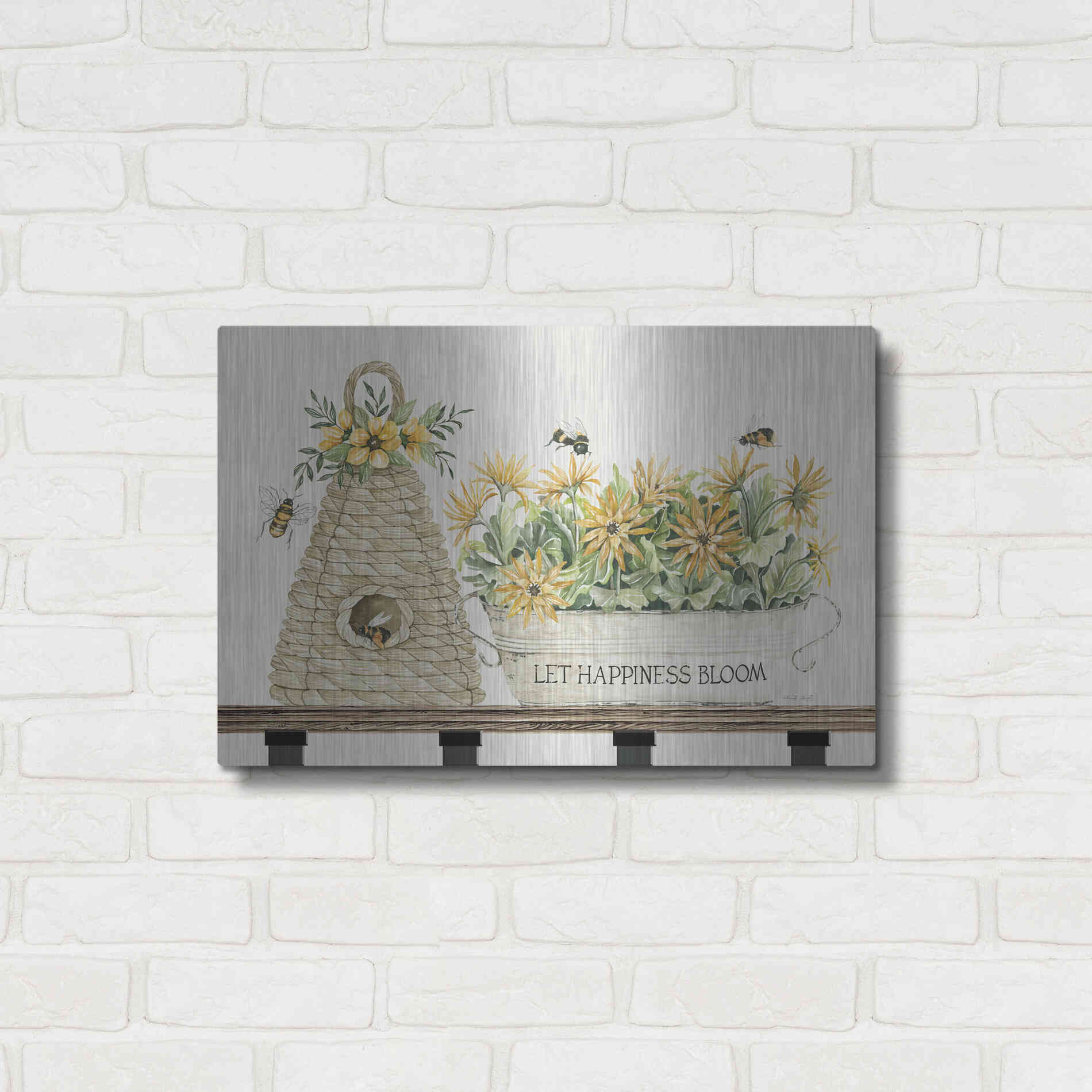 Luxe Metal Art 'Let Happiness Bloom Bee Hive' by Cindy Jacobs, Metal Wall Art,24x16