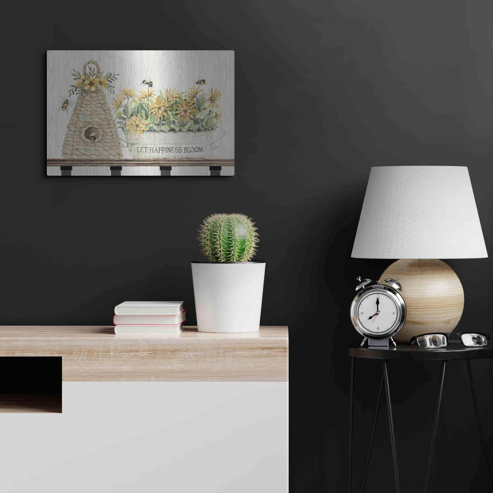 Luxe Metal Art 'Let Happiness Bloom Bee Hive' by Cindy Jacobs, Metal Wall Art,24x16