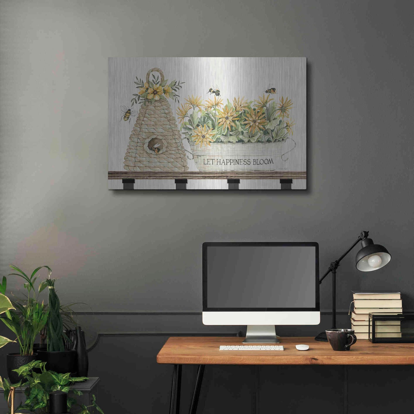 Luxe Metal Art 'Let Happiness Bloom Bee Hive' by Cindy Jacobs, Metal Wall Art,36x24