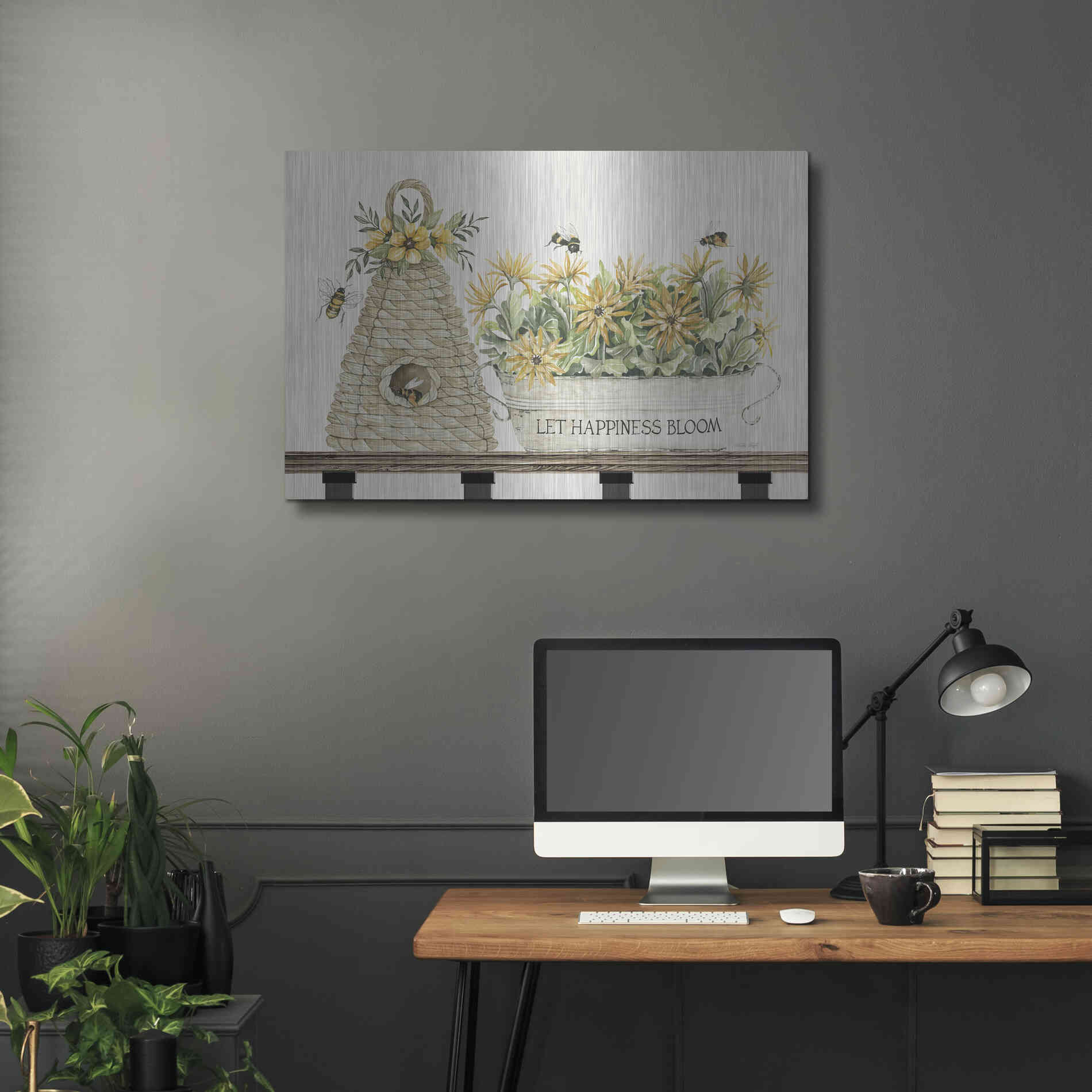 Luxe Metal Art 'Let Happiness Bloom Bee Hive' by Cindy Jacobs, Metal Wall Art,36x24